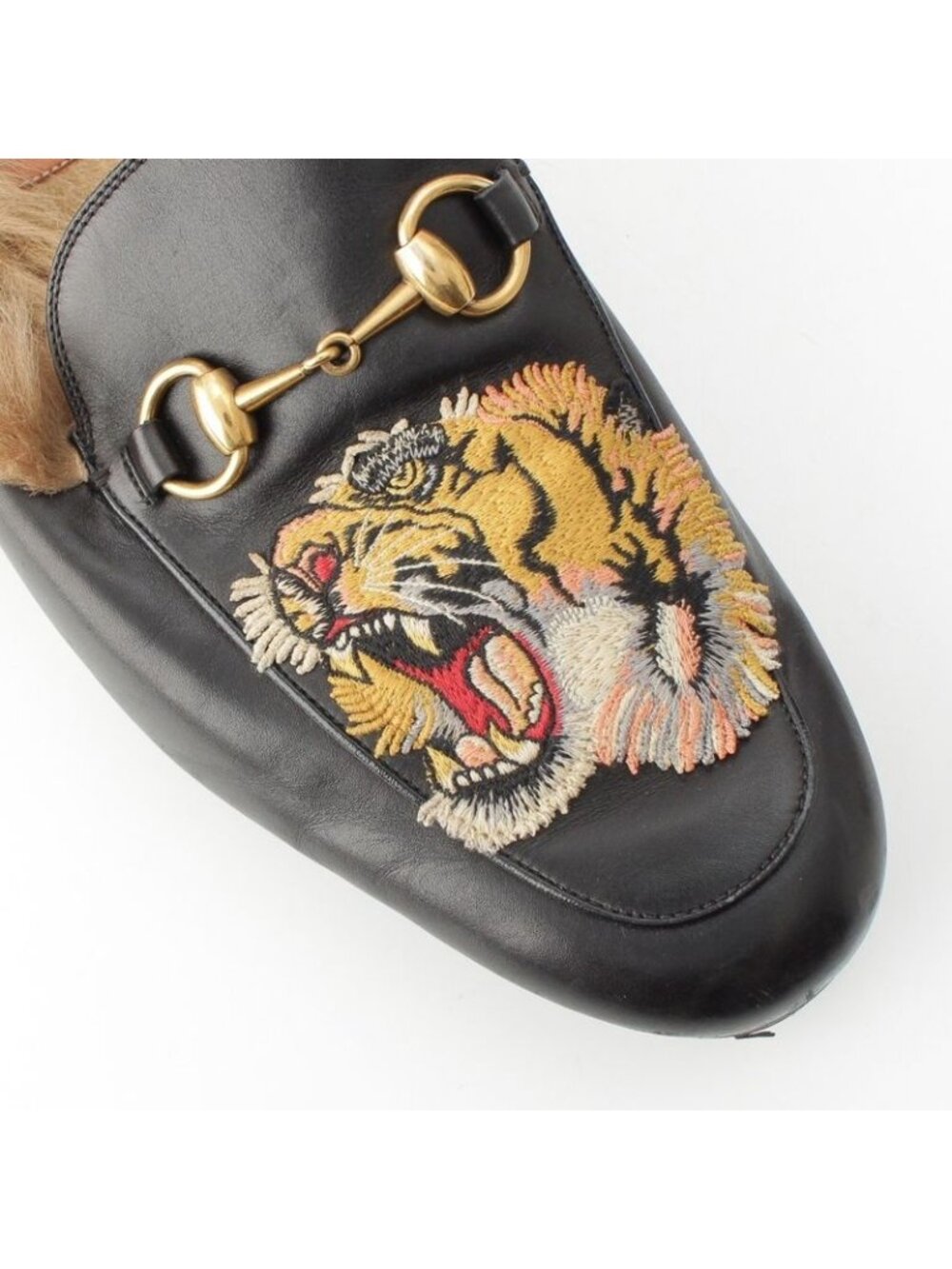 ★SOLD★ Gucci Leather Furbit Tiger Pattern Slip on Loafers Black - Picture 6 of 10